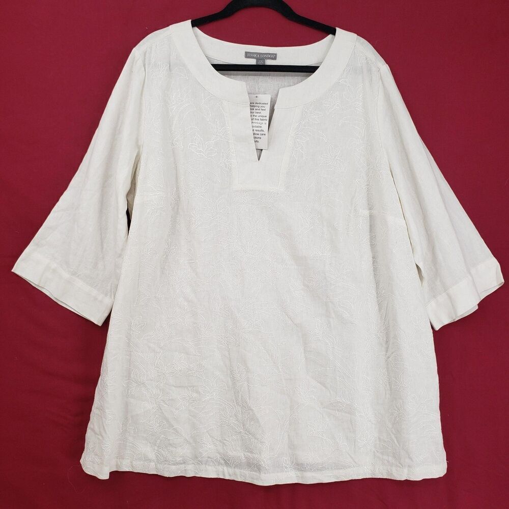 Jessica London Shirt Womens 22W Linen Blend Tunic Embroidered 3/4 Sleeve 92200